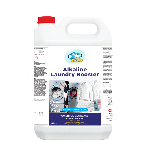 Hygiea Scrubs Alkaline Laundry Booster for powerful stain removal and fabric brightening.