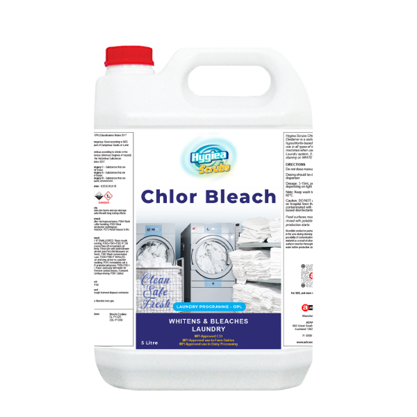 Hygiea Scrubs Chlor Bleach for powerful stain removal in commercial laundry.