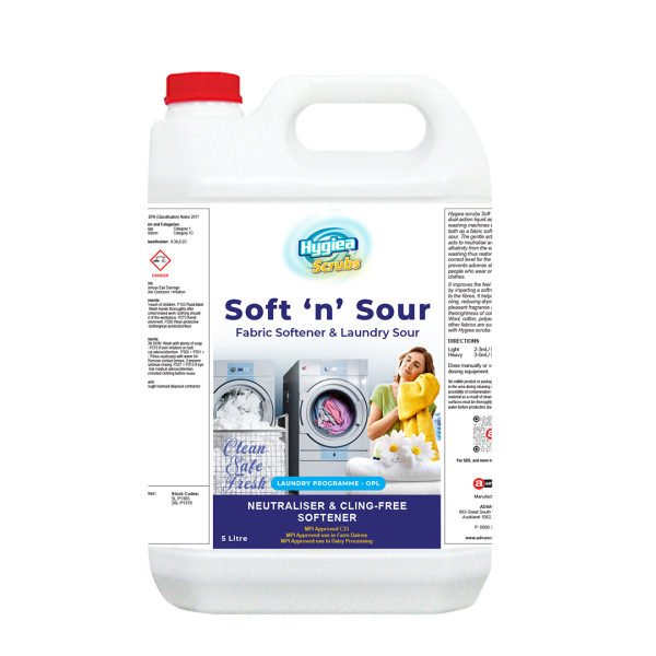 Hygiea Scrubs Soft N Sour, a dual-action fabric softener and laundry sour.